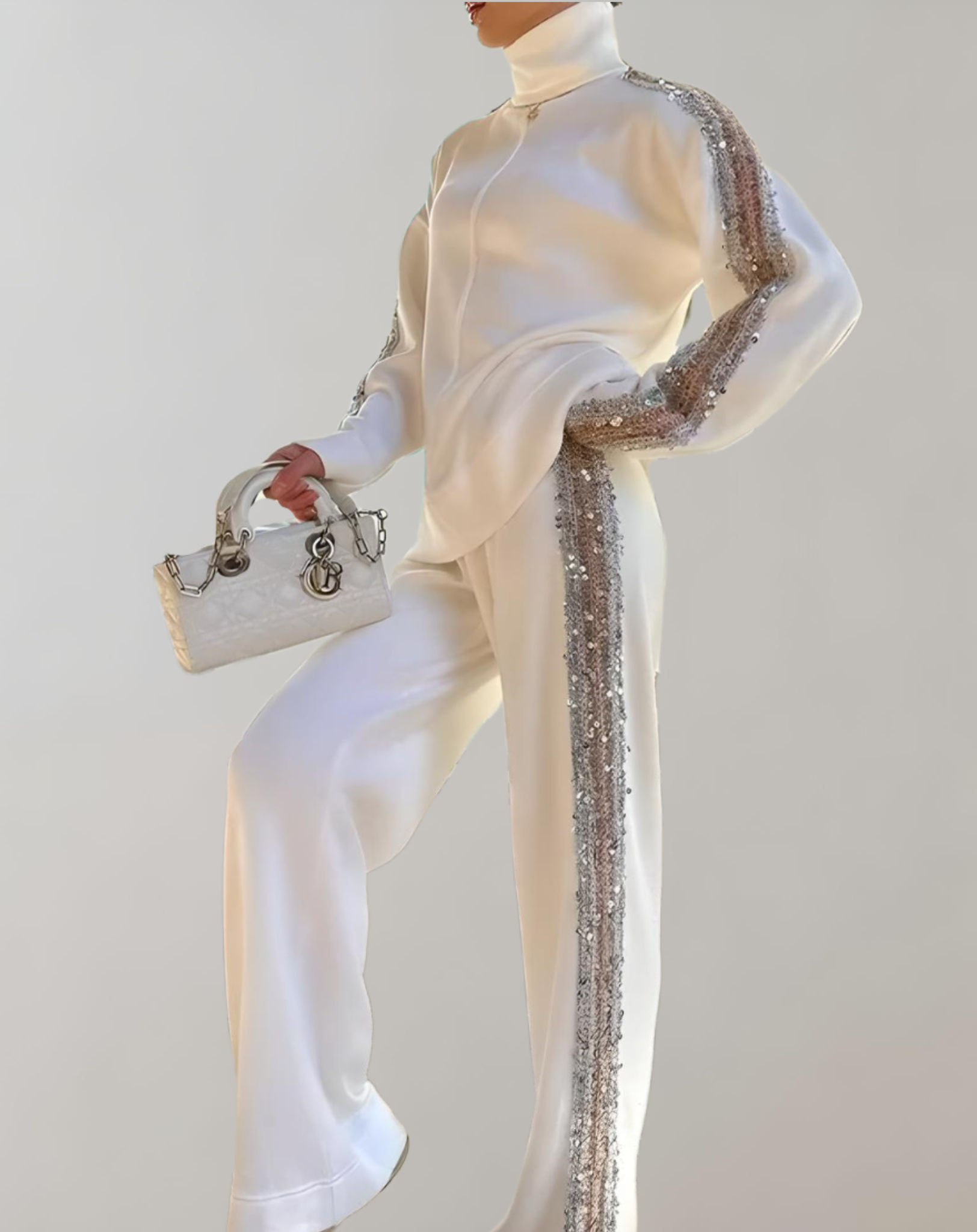 2-delige vrouwen tracksuit in stijlvolle crème glitter - trendy loungewear voor casual uitjes