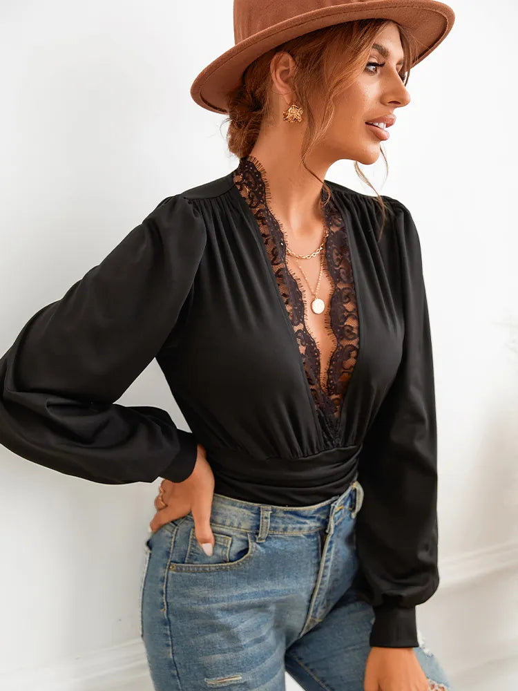 Vrouwen kant detail bodysuit zwart avondkleding - chique lange mouwen ontwerp voor verfijnde gelegenheden