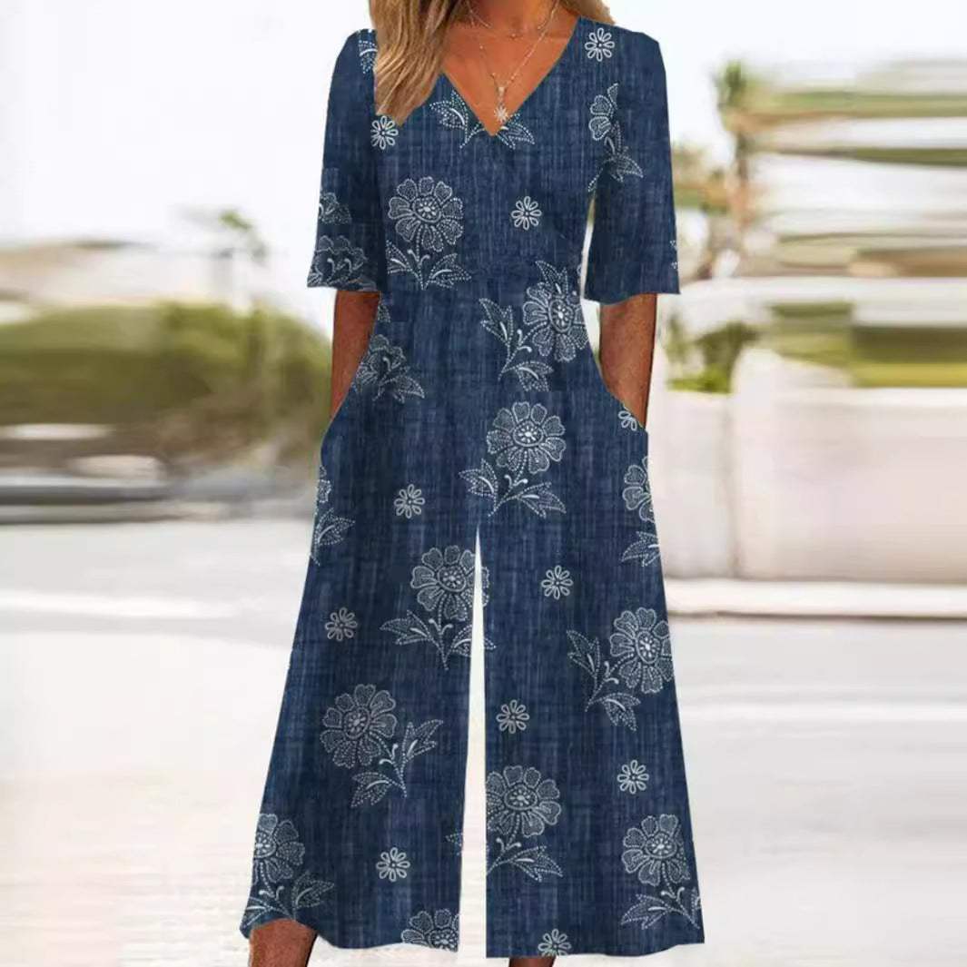 Dames denim stijlvolle v-hals bloemen jumpsuit - wijde pijpen voor casual gelegenheden