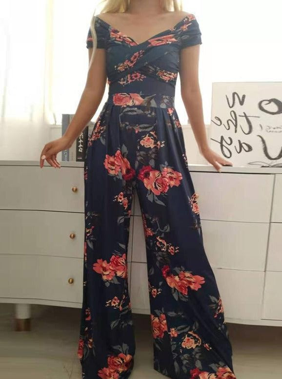 Dames casual jumpsuit met chique bloemenprint - off-shoulder brede pasvorm voor elke gelegenheid