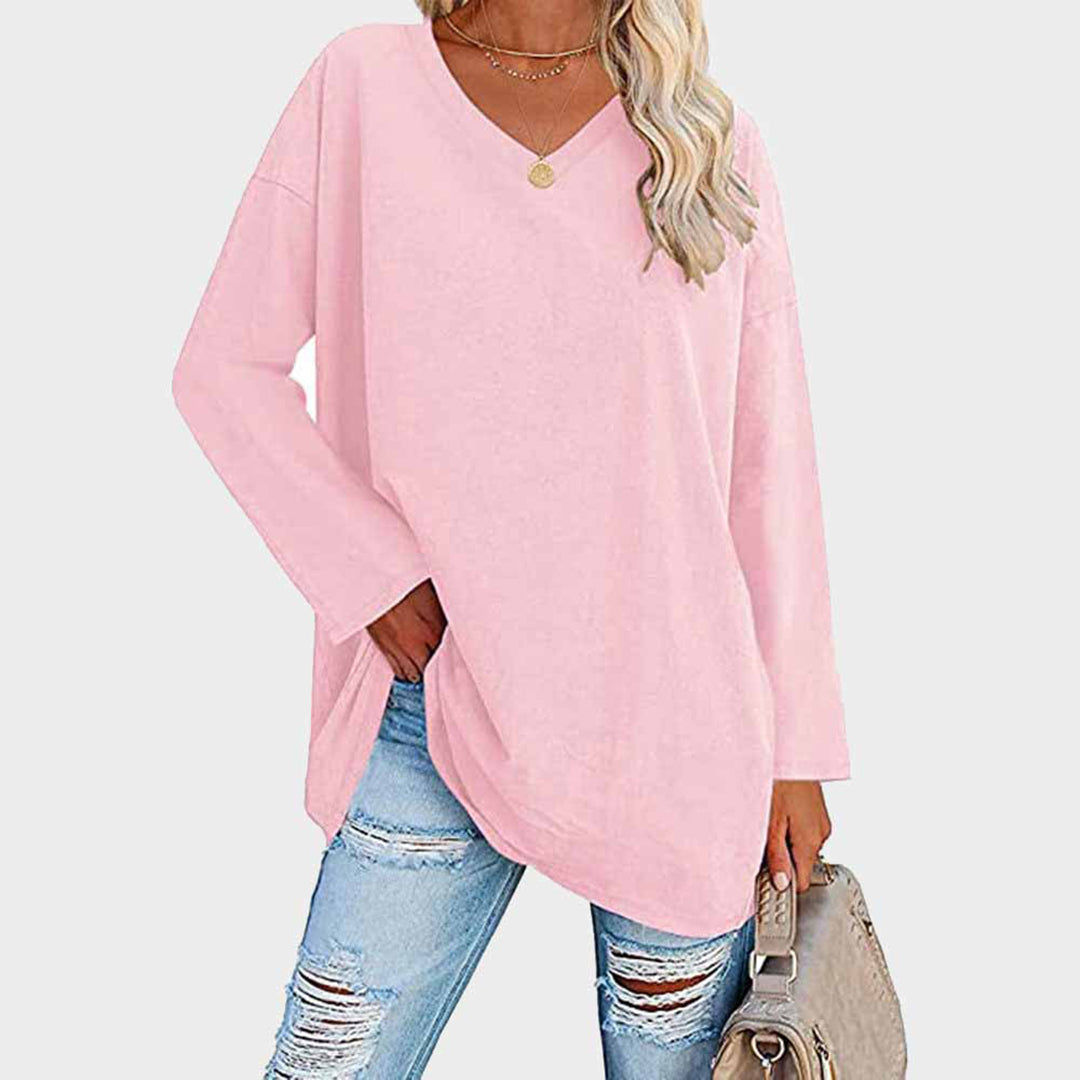 Dames relaxed fit v-hals tuniek blouse met lange mouwen - casual everyday wear, zachte stof
