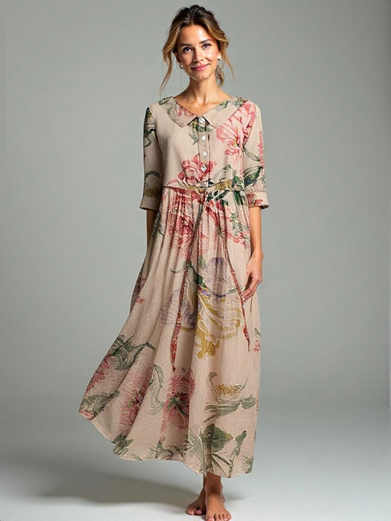 Dames shirtjurk elegante casual outfit - lange bloemen beige botanische print met 3/4 mouwen