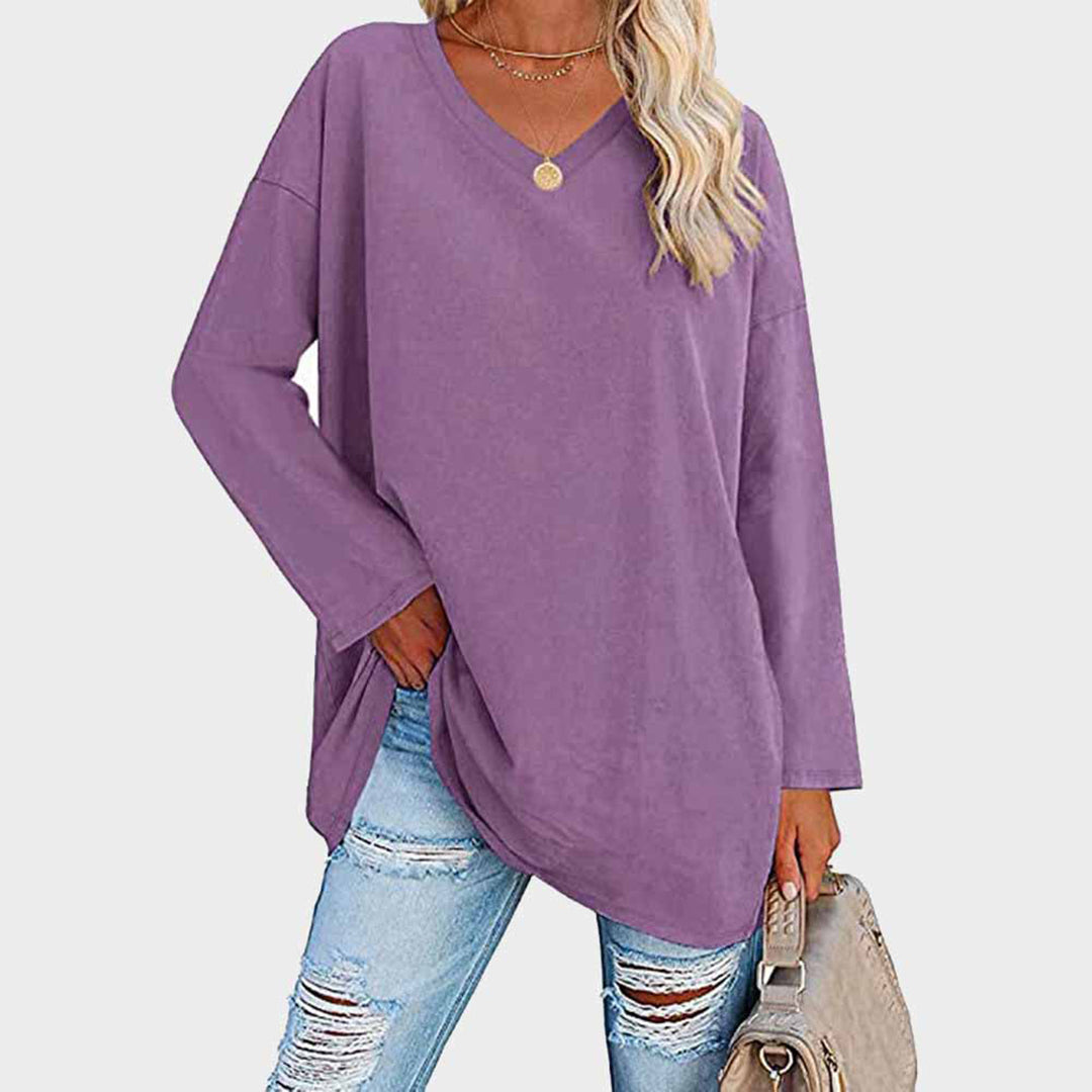Dames relaxed fit v-hals tuniek blouse met lange mouwen - casual everyday wear, zachte stof