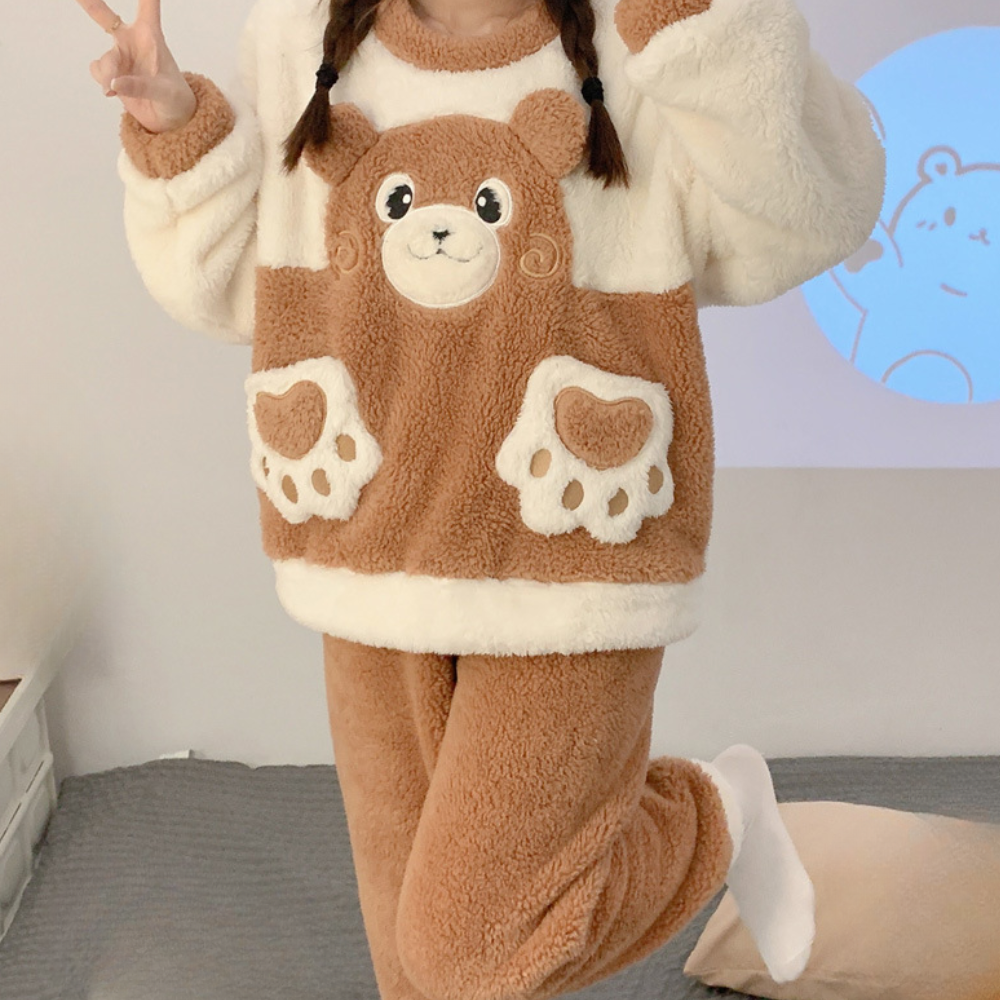 2-delige bruine luxe loungewear set - dames fluffy pyjama outfit