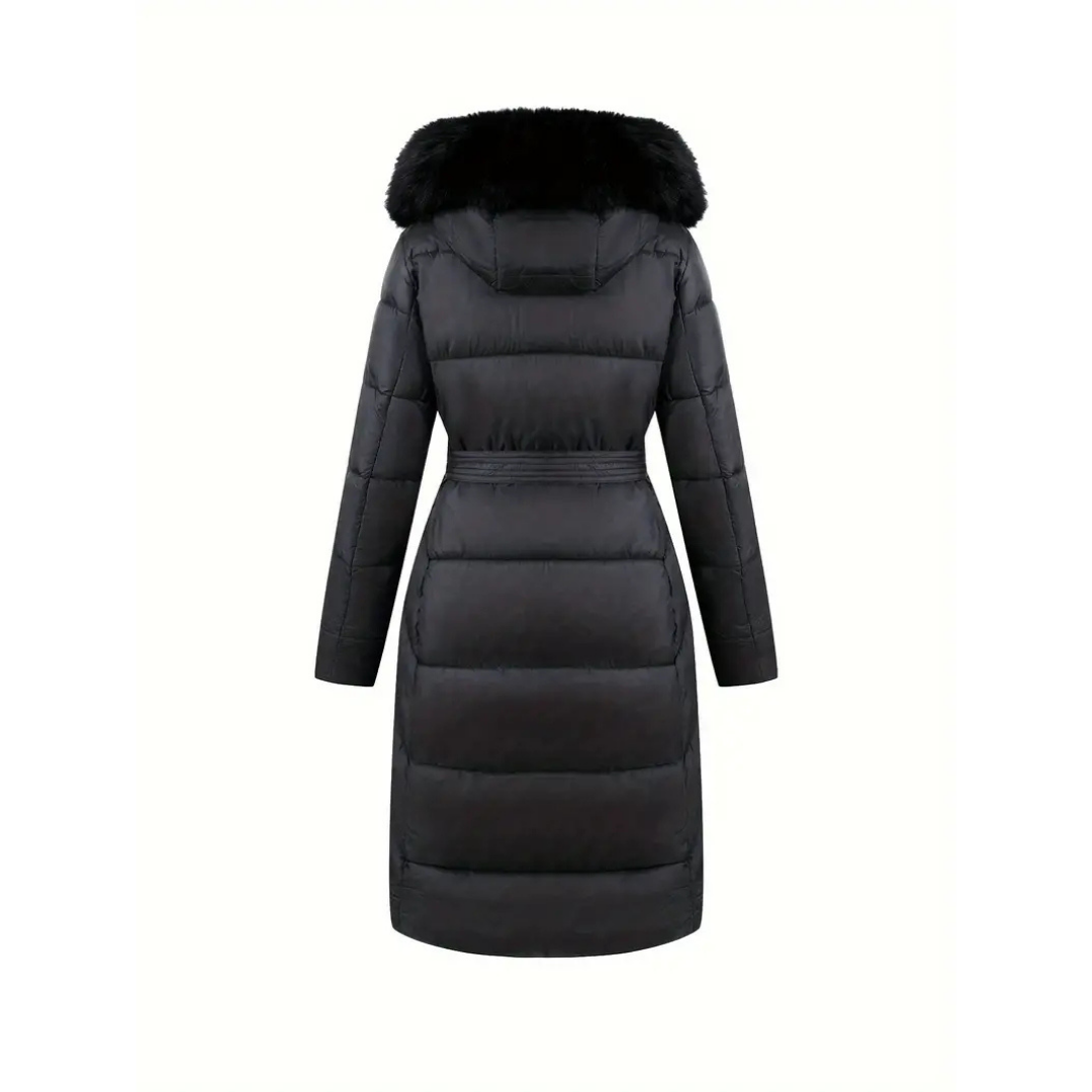 Gevoerde winterjas - stijlvolle zwarte damesjas met een nepbontkap