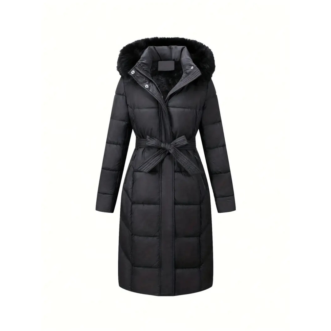 Gevoerde winterjas - stijlvolle zwarte damesjas met een nepbontkap