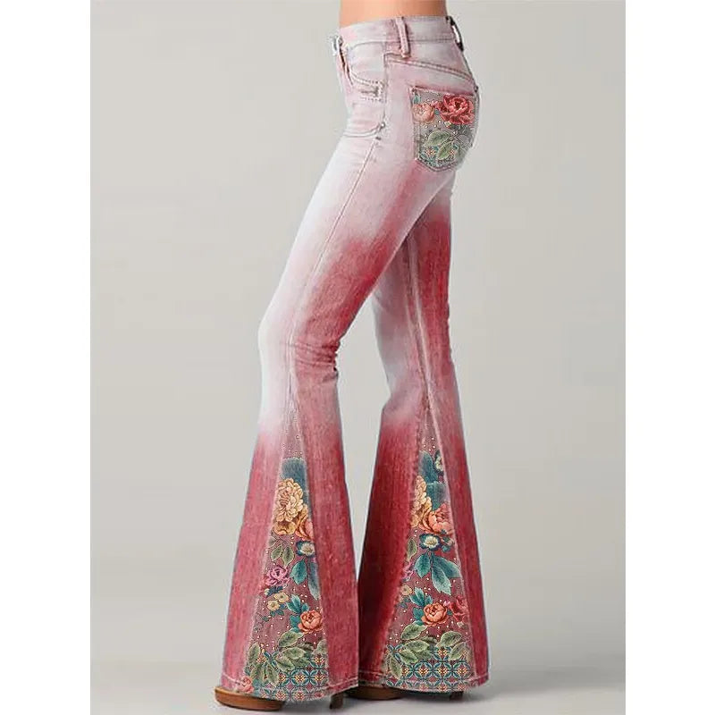 Flared jeans met vintage bloemenprint - dames stijlvolle denim broeken