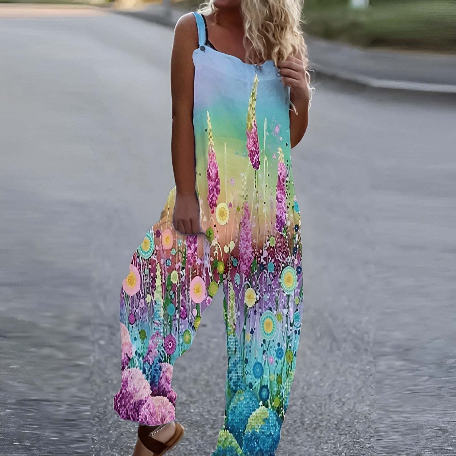 Jumpsuit - modieuze damesjumpsuit met veren- en vogelprint