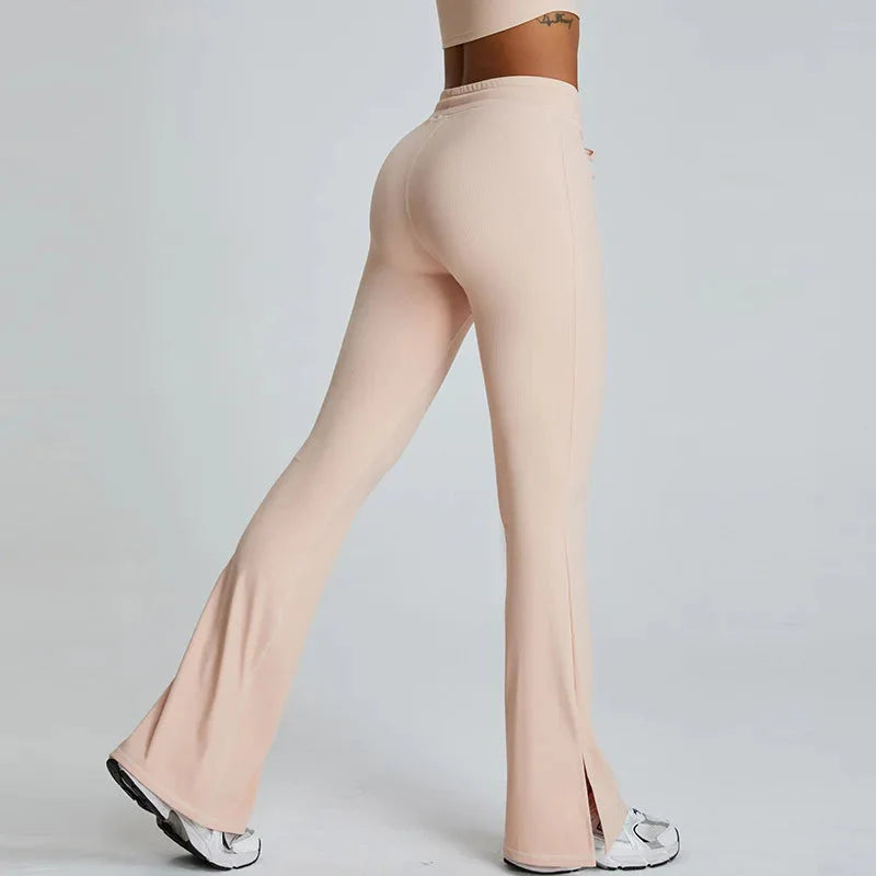 Beige flared yoga broek - Bakkermode.nl