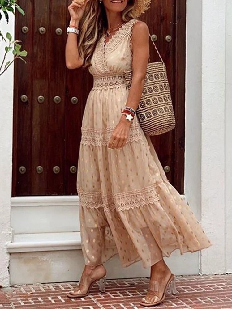Dames maxi jurk met bohemian kanten details voor de zomer - lichte en elegante stof voor casual uitjes