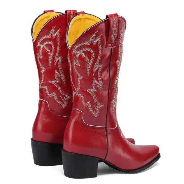 Rode en zwarte halfhoge cowboylaarzen met bloemenborduursel – elegantie & westernstijl voor dames - Bakkermode.nl