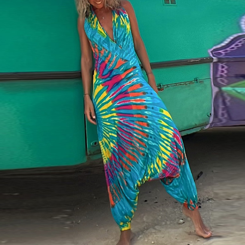 Dames blauwe tie-dye jumpsuit - vrolijke casual zomeroutfit voor vrouwen