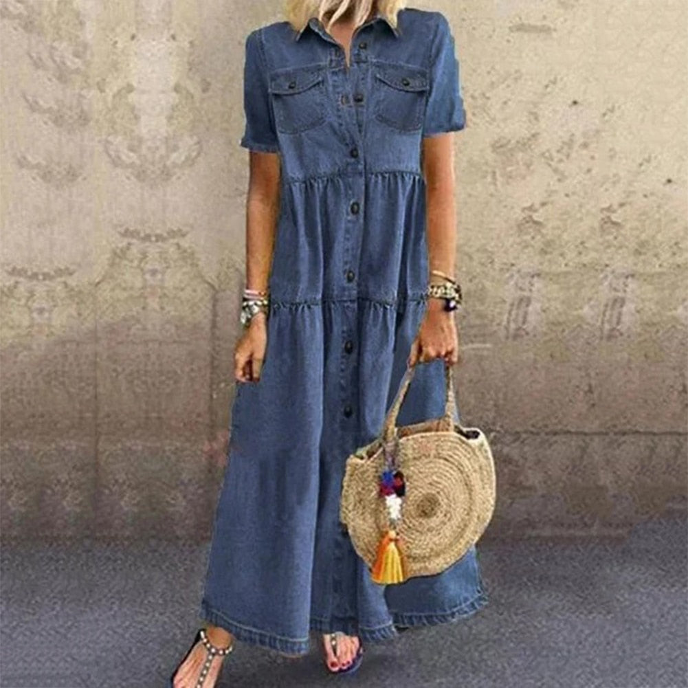 Dames denim maxi jurk - casual zomerstijl met knopen en zakken