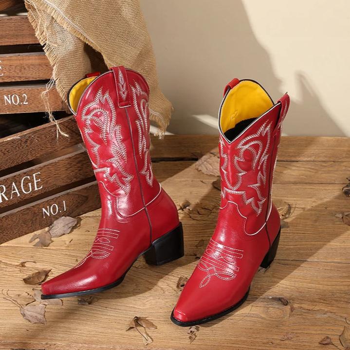 Rode en zwarte halfhoge cowboylaarzen met bloemenborduursel – elegantie & westernstijl voor dames - Bakkermode.nl