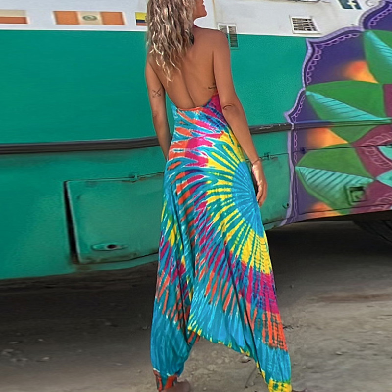 Dames blauwe tie-dye jumpsuit - vrolijke casual zomeroutfit voor vrouwen