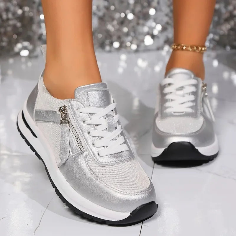 Dames zilveren sneakers - stijlvolle gezellige trainers met ritsdetails