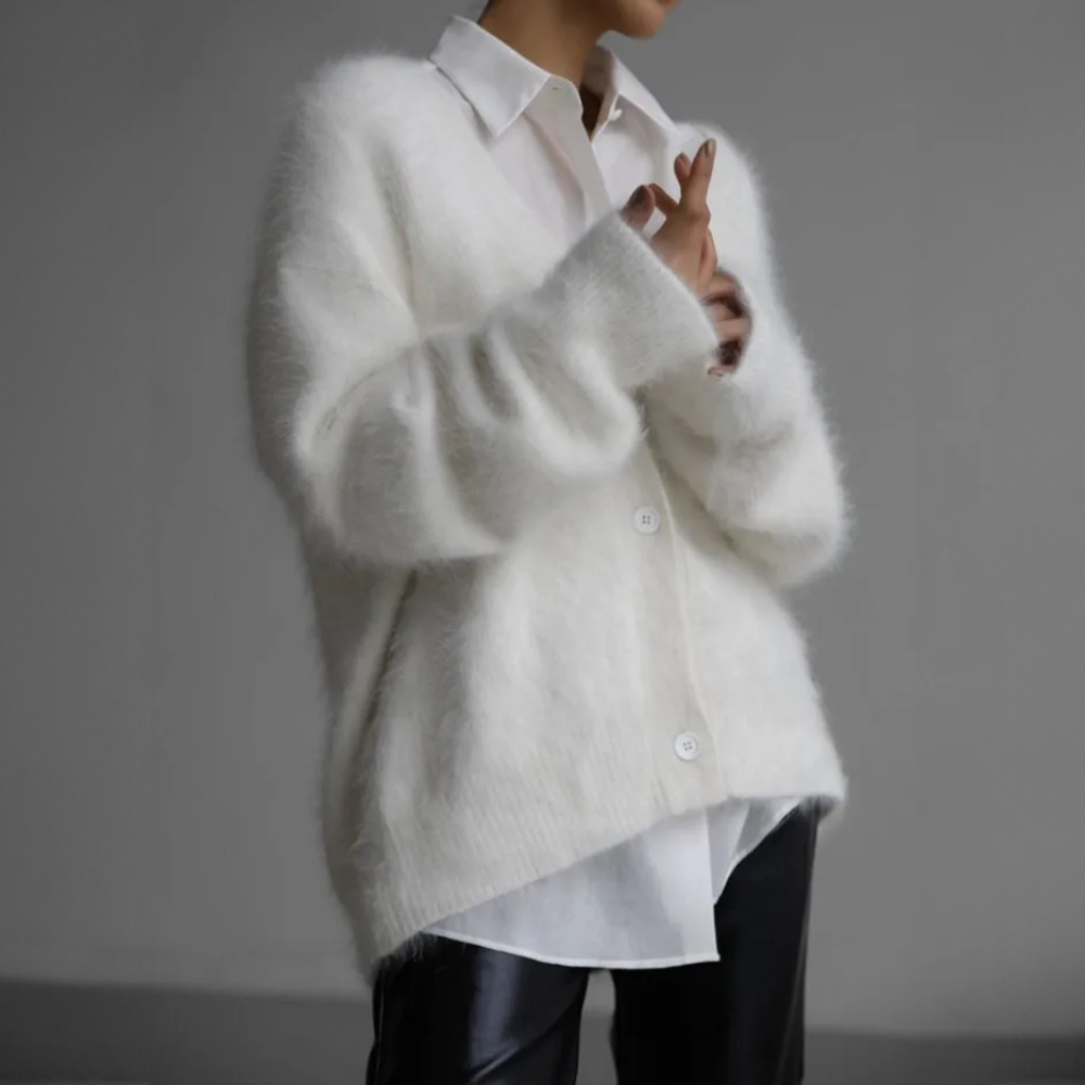 Dames oversized cardigan - zachte fluffy button-up breiwear