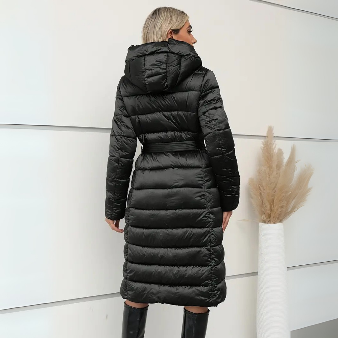 Dames lange pufferjas - elegante zwarte winterwrap