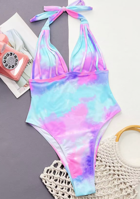 Tie-dye badpak met halternek en diepe V-hals - Bakkermode.nl