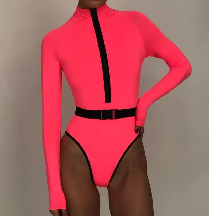 Neon badpak met lange mouwen en rits - Bakkermode.nl
