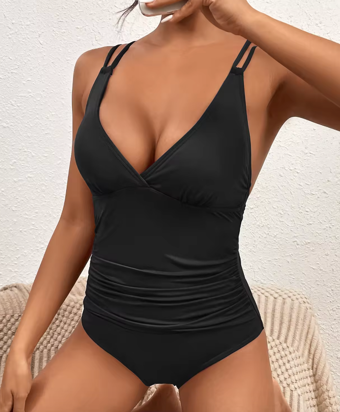 Badpak met diepe v-hals en dubbele bandjes - Bakkermode.nl