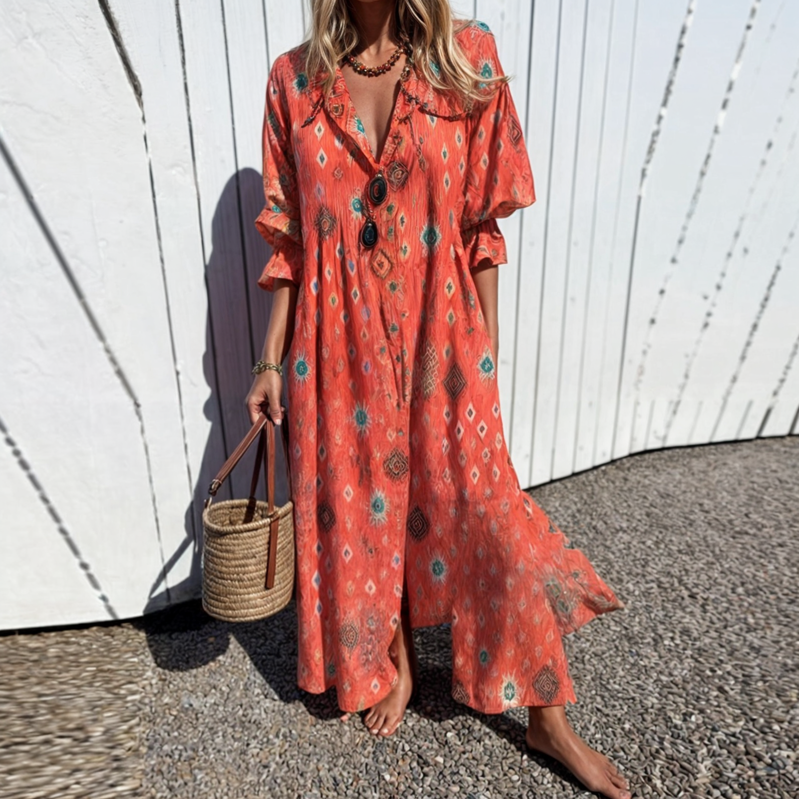 Dames casual maxi jurk - relaxte boho stijl in lichte katoenmix - voor dagelijks gebruik