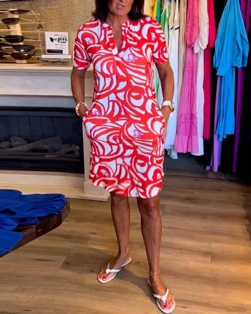 Dames kortemouwen jurk met abstracte print - casual zomeroutfit, relaxed fit