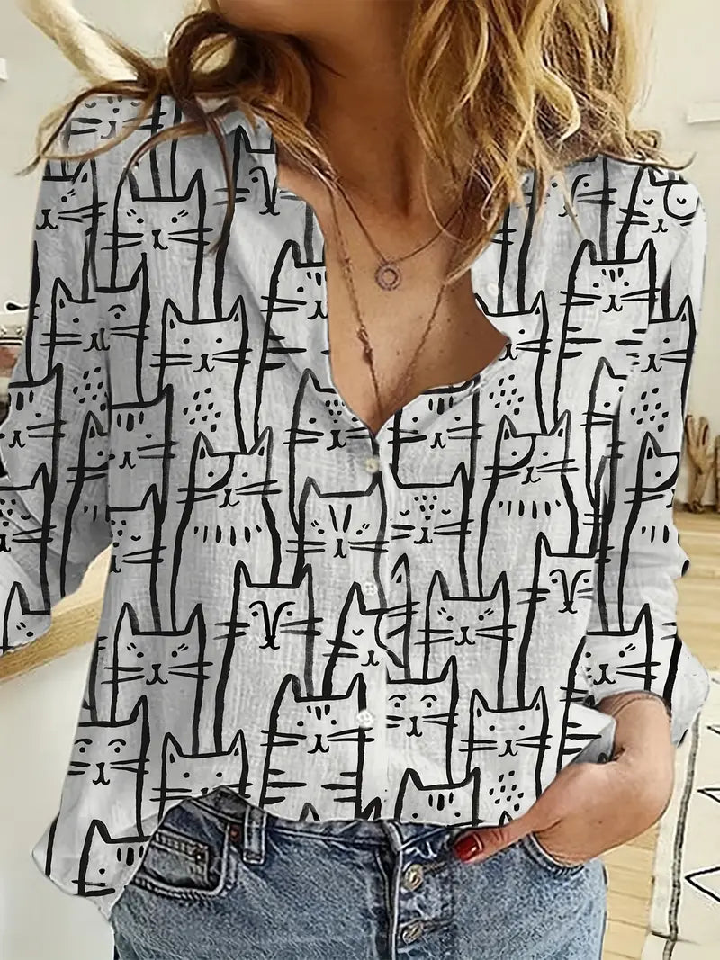 Dames t-shirt met kattenprint - luchtige casual top voor de lente