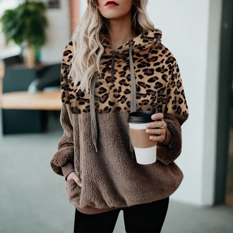 Dames fleece hoodie - trendy leopardprint sweater