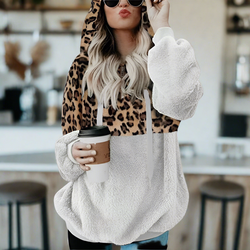 Dames fleece hoodie - trendy leopardprint sweater