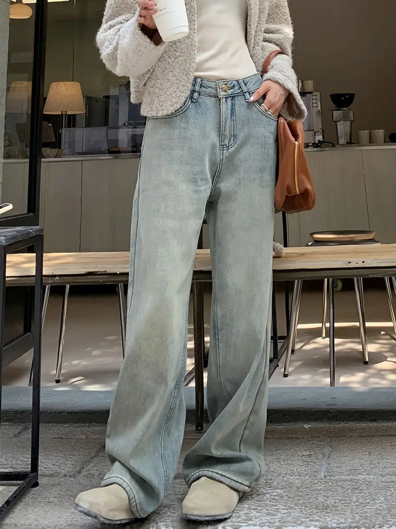 Hoge taille recht gesneden jeans - samtblauwe dames casual broeken - Bakkermode.nl