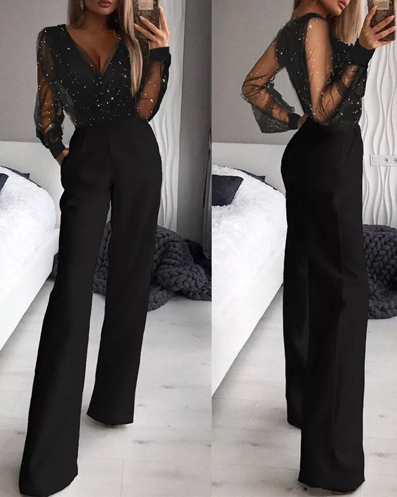 Dames lange jumpsuit - chique zwarte high-waisted outfit