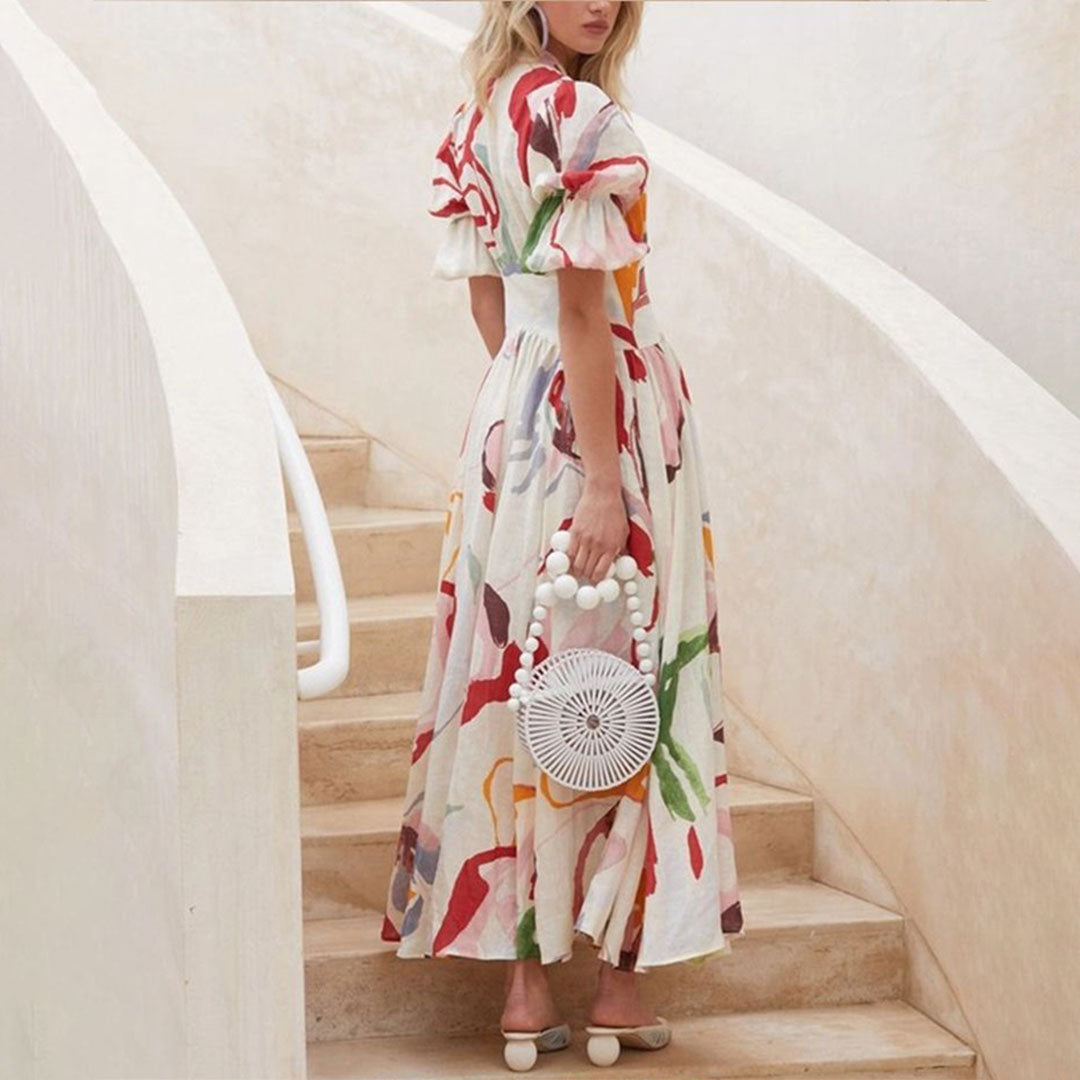 Dames bloemen maxi jurk - elegante puff mouw button-down zomerjurk