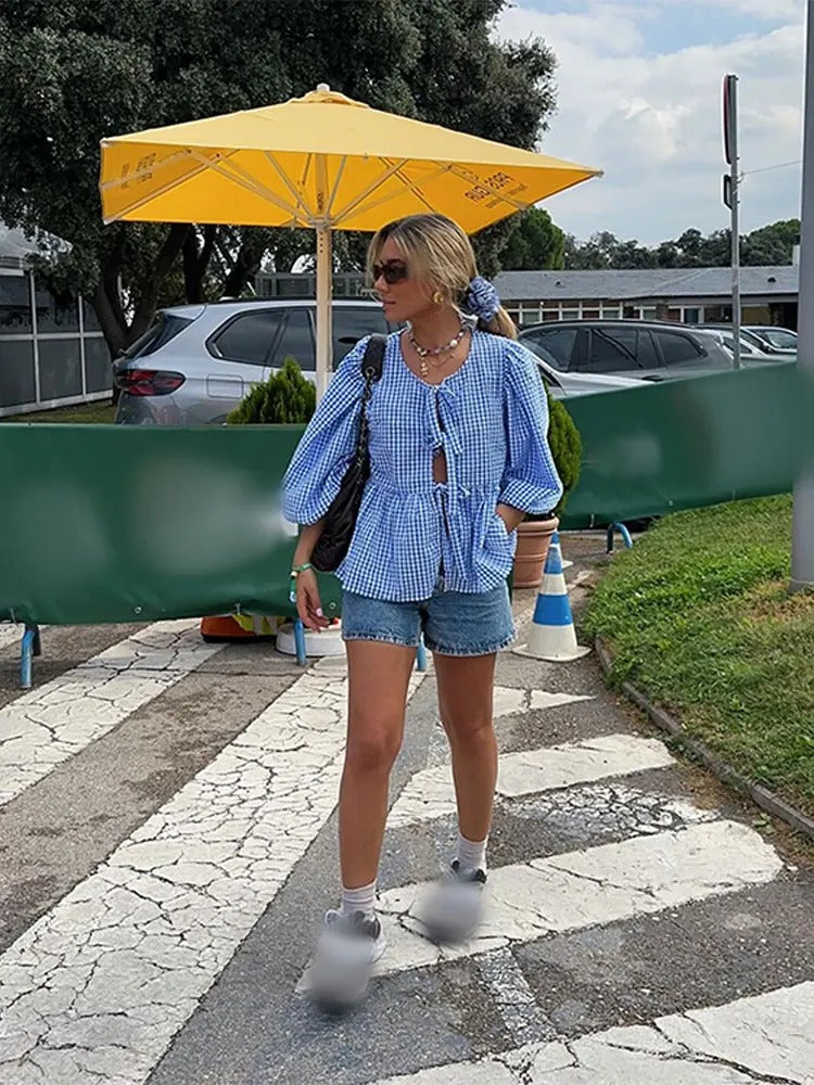 Dames puff sleeve blouse met elegante gestreepte print - stijlvolle casual top met strikdetail voor dagelijks gebruik