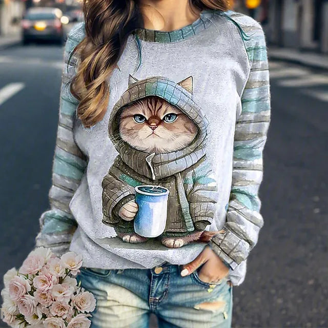 Grafische print sweatshirt - gezellige dames hoodie met kattenontwerp - Bakkermode.nl