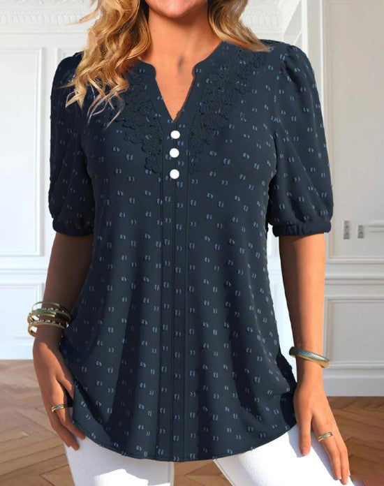 Dames casual blouse met kantdetails - marineblauwe korte mouw top voor dagelijks gebruik