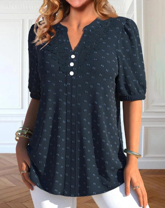 Dames casual blouse met kantdetails - marineblauwe korte mouw top voor dagelijks gebruik
