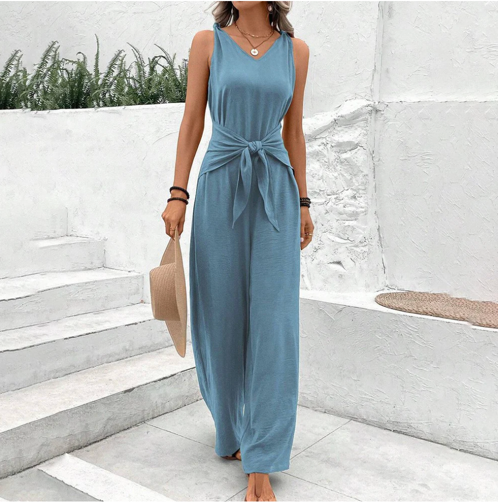 Dames casual jumpsuit - elegante blauwe lange broek voor zomerse uitjes - luchtige stof, flatterend strikdesign