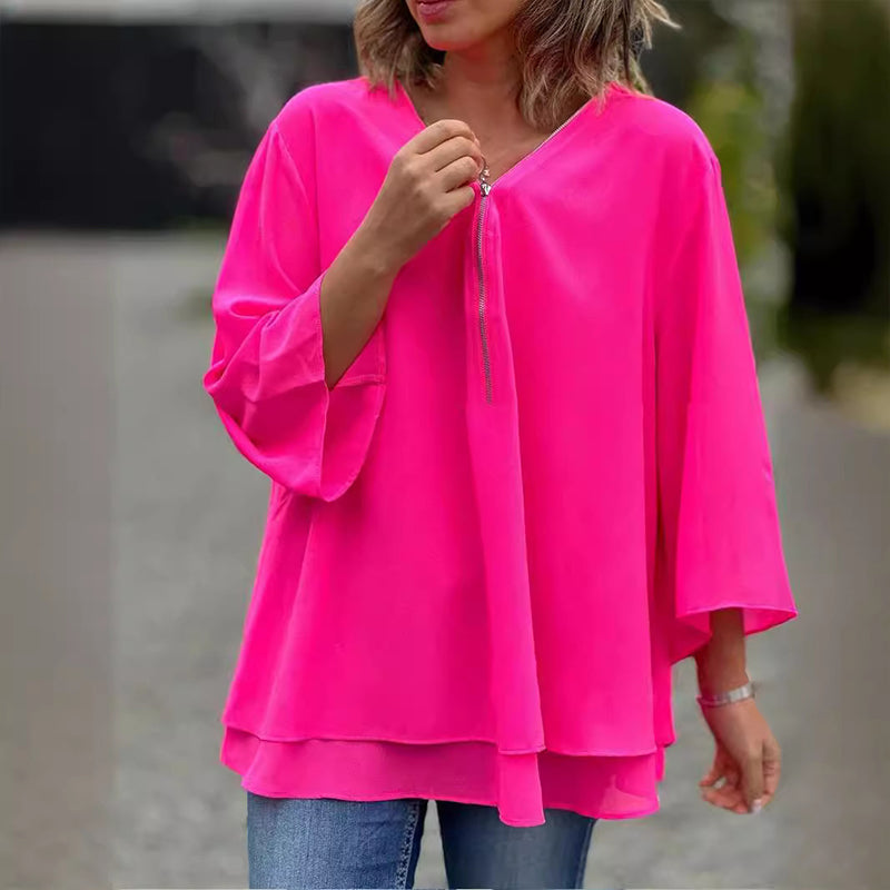 Dames chiffon blouse met rits - v-hals top voor casual situaties, veelzijdige uitstraling