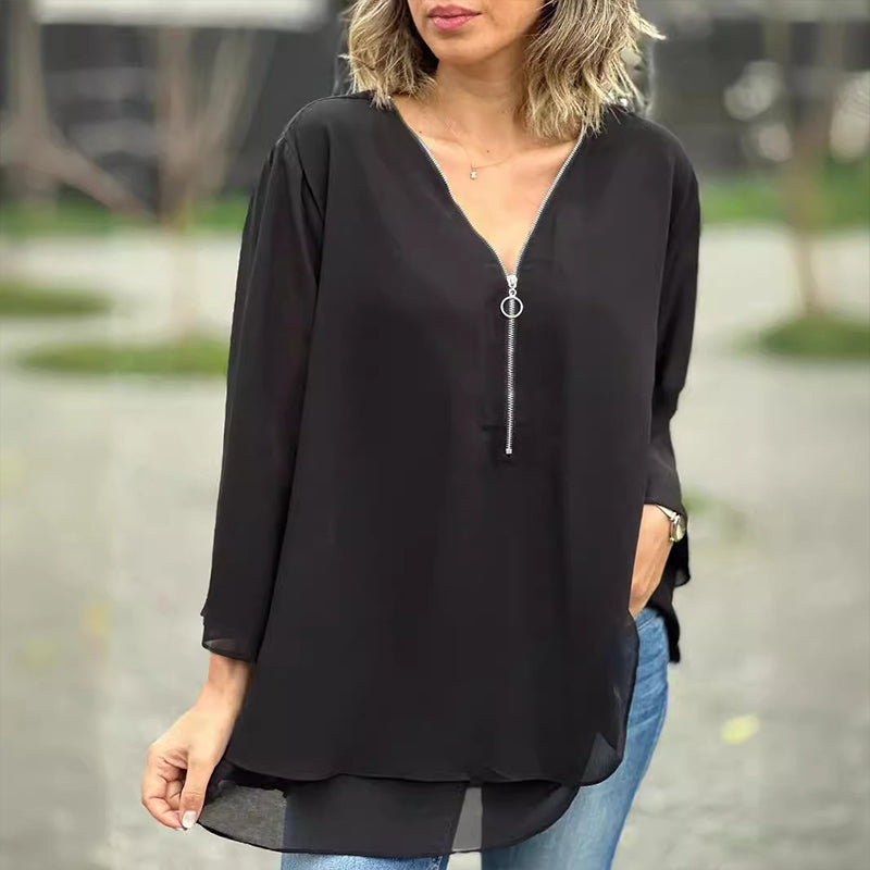 Dames chiffon blouse met rits - v-hals top voor casual situaties, veelzijdige uitstraling