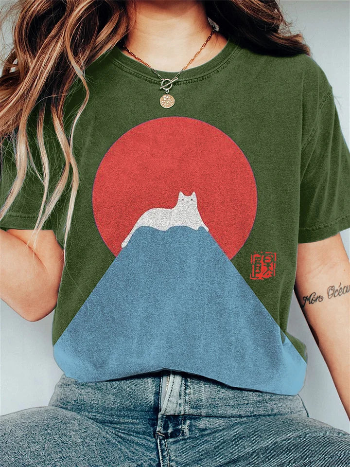 Dames katoen t-shirt met katten- en bergontwerp - casual dagelijks gebruik