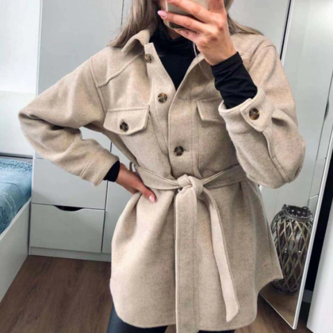 Dames mid-length beige button-up jas met riem - veelzijdige buitenkleding voor de overgangsseizoenen