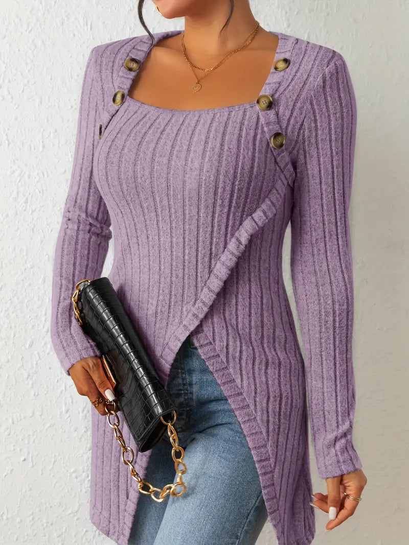 Dames geribbelde lange mouw top met knoopdetails - chique asymmetrische stijl voor casual en zakelijke looks