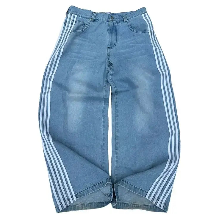 Ontspannen pasvorm hoge taille dames denim broeken met zijstrepen