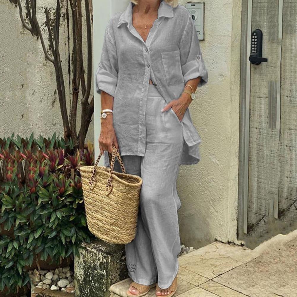 2-delige dames linnen set - losse pasvorm grijze zomeroutfit voor casual dagen