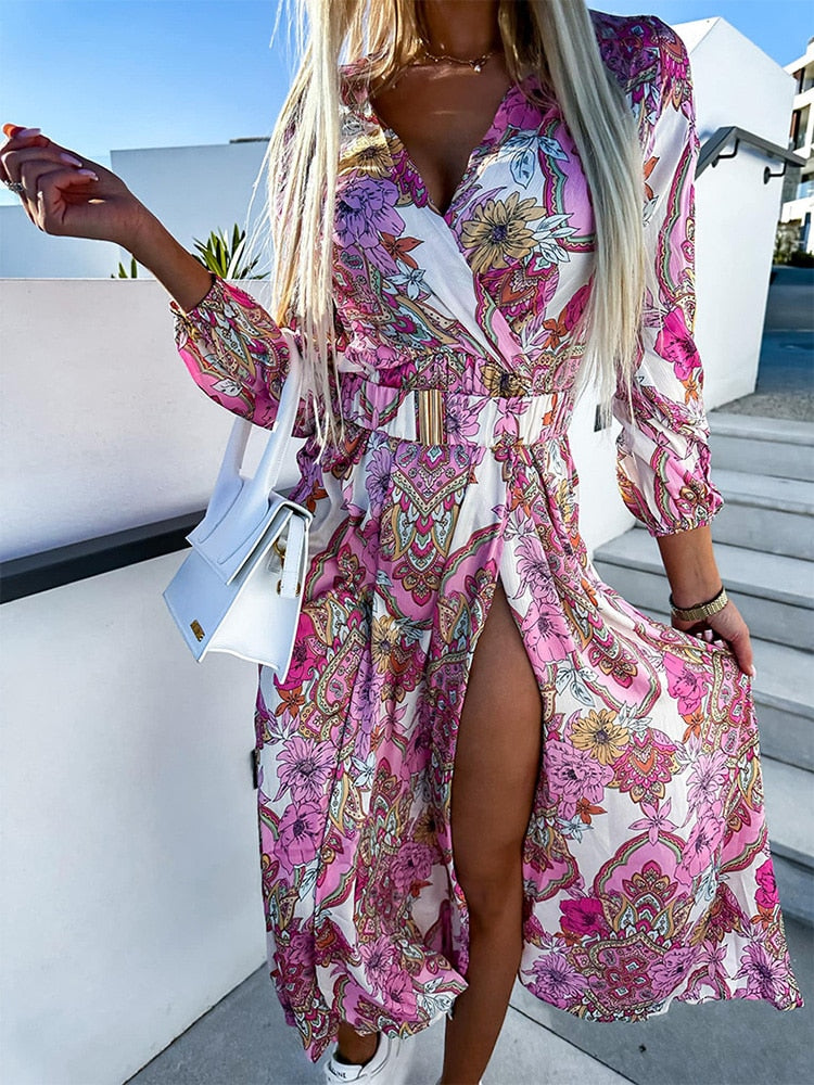 Dames bloemen midi hemdjurk met split - elegante lange mouwen voor speciale gelegenheden