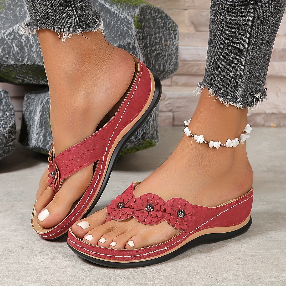Dames slip-on teensandalen met bloemenprint en orthopedische ondersteuning - stijlvolle alledaagse sandalen