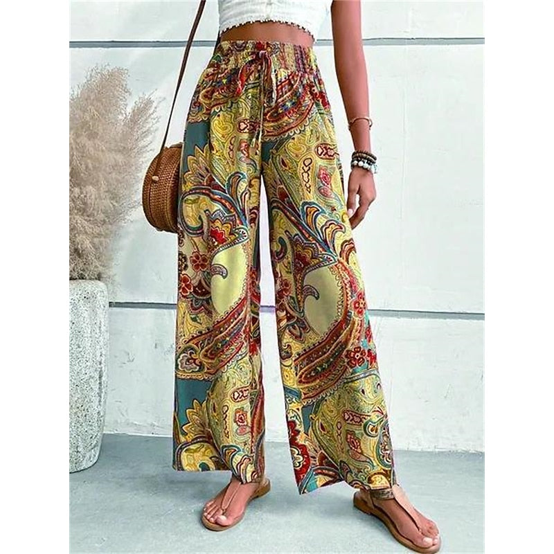 Dames wijde broek met vintage print voor een casual relaxed look - zachte bohemian stijl