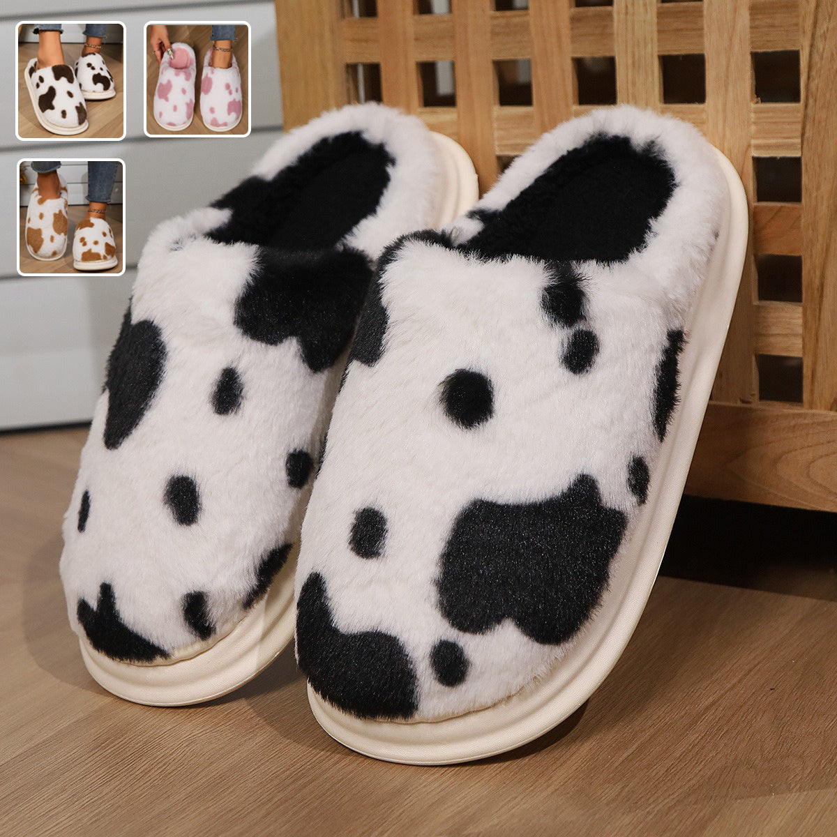 Warme pantoffels - dames huis slippers met koeienprint en pluche voering - Bakkermode.nl