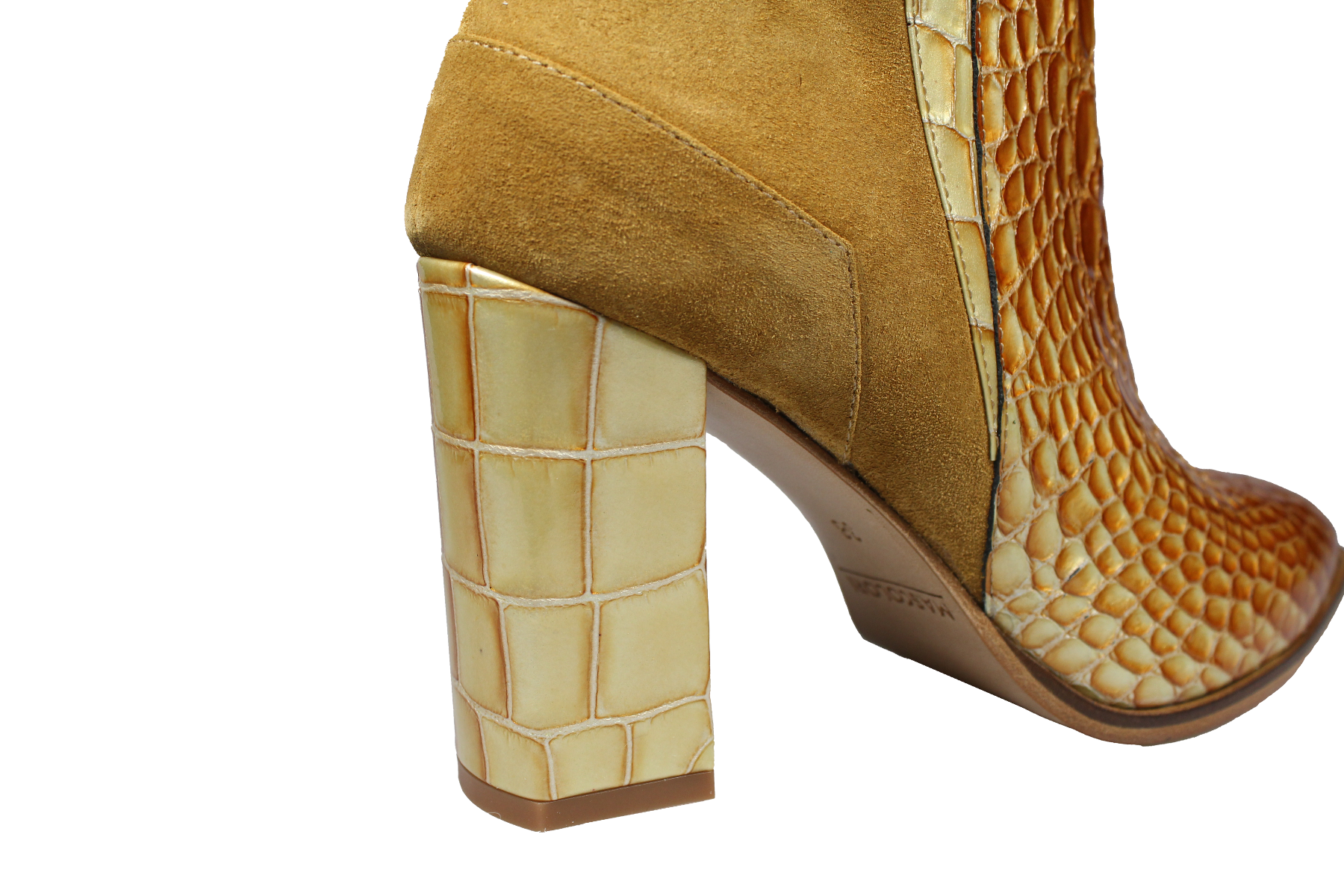 Hoge hak enkellaarsjes - onberispelijke slangenprint suède dames laarzen in goud